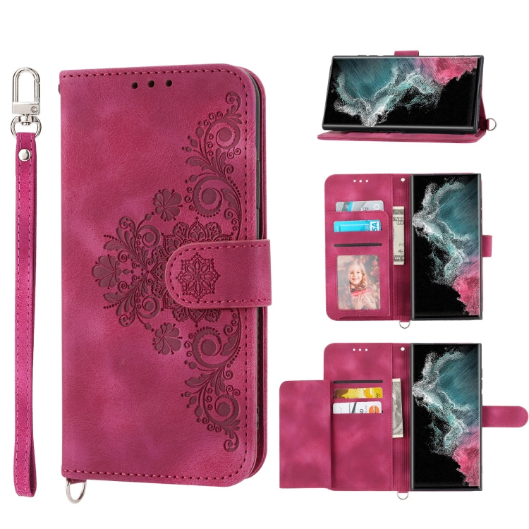 For Samsung Galaxy S23 Ultra 5G Skin-feel Flowers Embossed Wallet Leather Phone Case