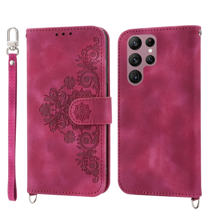 For Samsung Galaxy S23 Ultra 5G Skin-feel Flowers Embossed Wallet Leather Phone Case