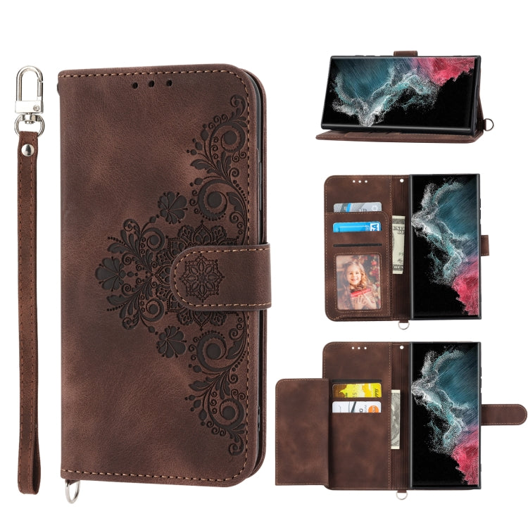 For Samsung Galaxy S23 Ultra 5G Skin-feel Flowers Embossed Wallet Leather Phone Case