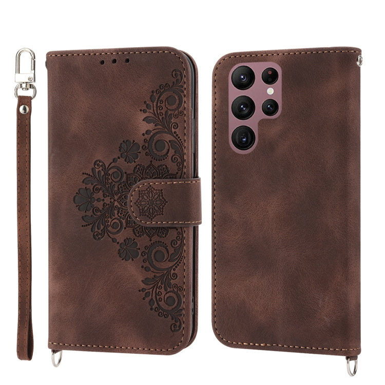 For Samsung Galaxy S23 Ultra 5G Skin-feel Flowers Embossed Wallet Leather Phone Case