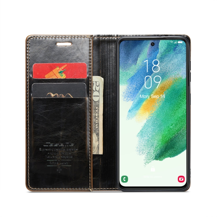 For Samsung Galaxy S21 FE 5G CaseMe 003 Crazy Horse Texture Leather Phone Case