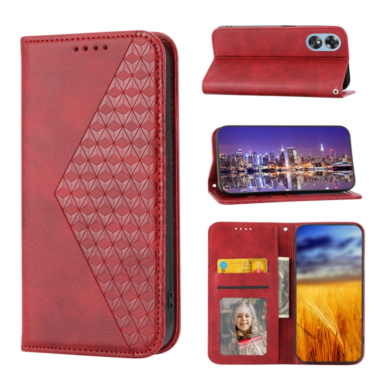For OPPO A17 4G Cubic Grid Calf Texture Magnetic Leather Phone Case