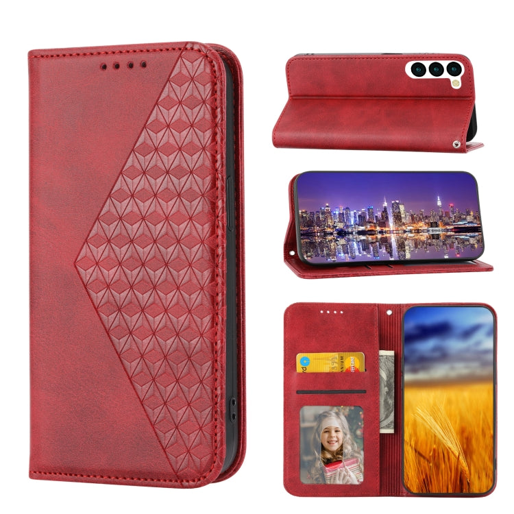 For Samsung Galaxy S23 5G Cubic Grid Calf Texture Magnetic Leather Phone Case