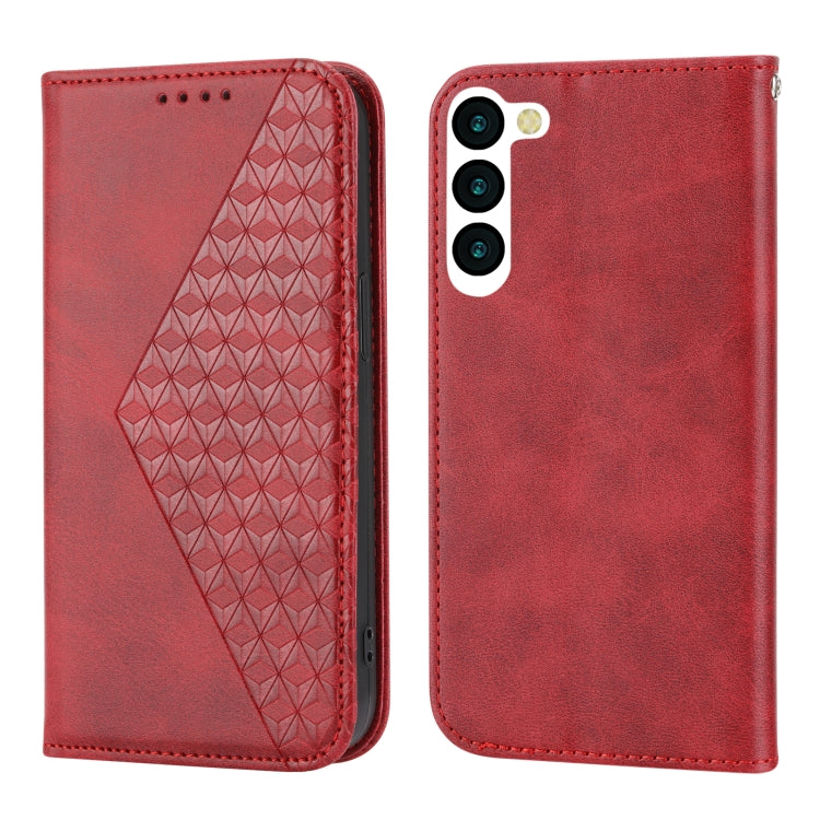 For Samsung Galaxy S23 5G Cubic Grid Calf Texture Magnetic Leather Phone Case