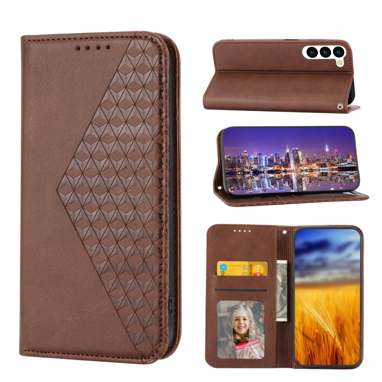For Samsung Galaxy S23 5G Cubic Grid Calf Texture Magnetic Leather Phone Case
