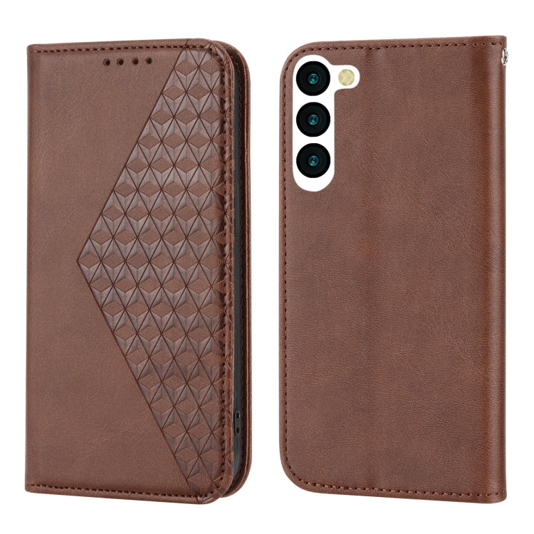 For Samsung Galaxy S23 5G Cubic Grid Calf Texture Magnetic Leather Phone Case