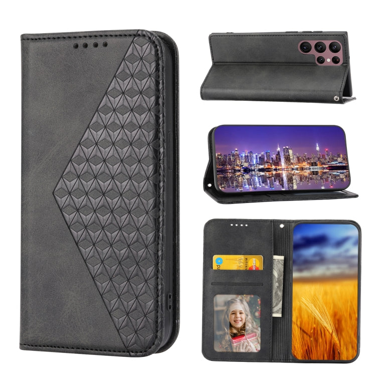 For Samsung Galaxy S23 Ultra 5G Cubic Grid Calf Texture Magnetic Leather Phone Case