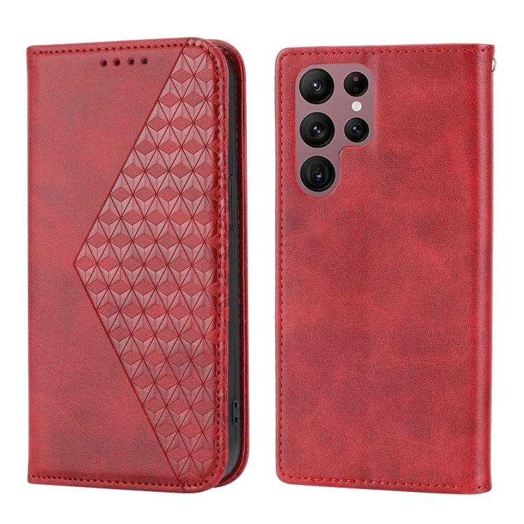 For Samsung Galaxy S23 Ultra 5G Cubic Grid Calf Texture Magnetic Leather Phone Case