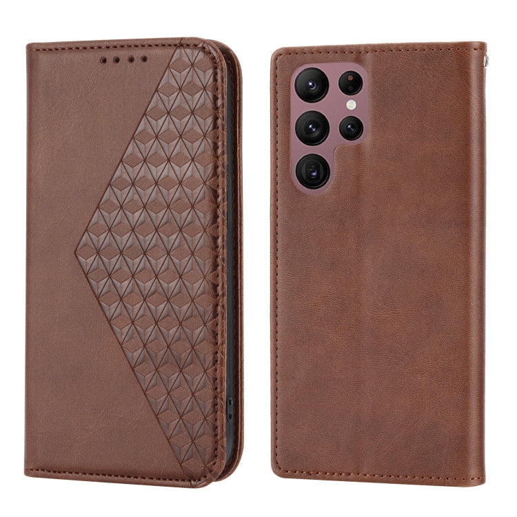 For Samsung Galaxy S23 Ultra 5G Cubic Grid Calf Texture Magnetic Leather Phone Case