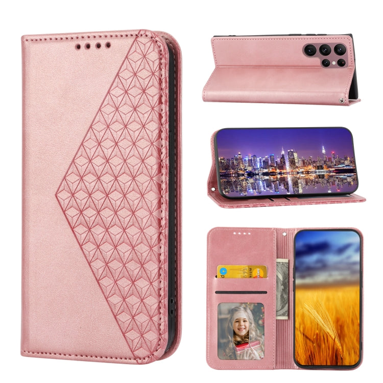 For Samsung Galaxy S23 Ultra 5G Cubic Grid Calf Texture Magnetic Leather Phone Case