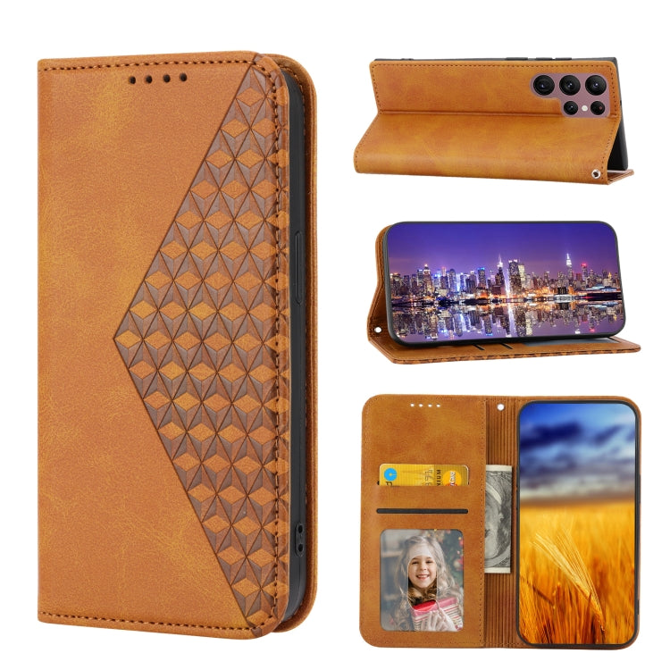For Samsung Galaxy S23 Ultra 5G Cubic Grid Calf Texture Magnetic Leather Phone Case