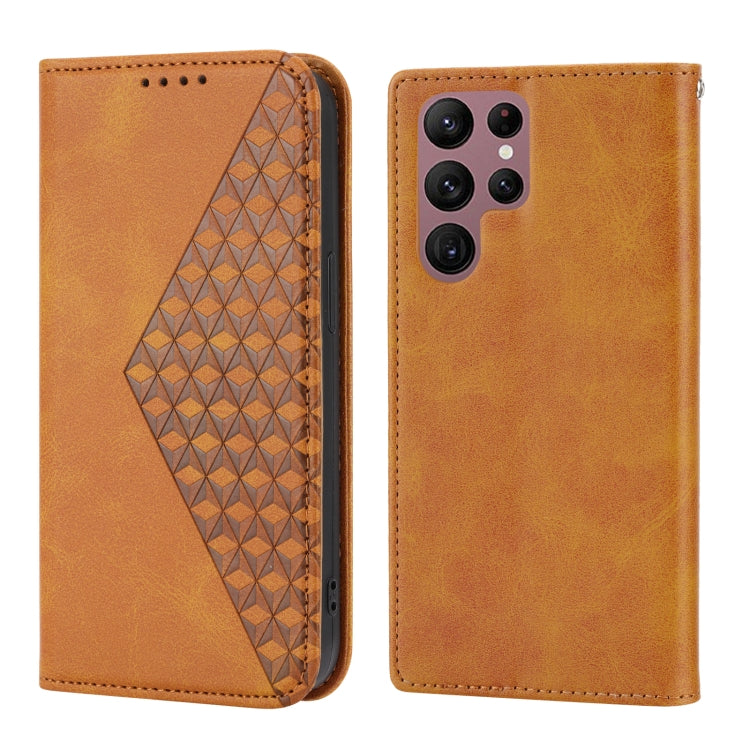For Samsung Galaxy S23 Ultra 5G Cubic Grid Calf Texture Magnetic Leather Phone Case