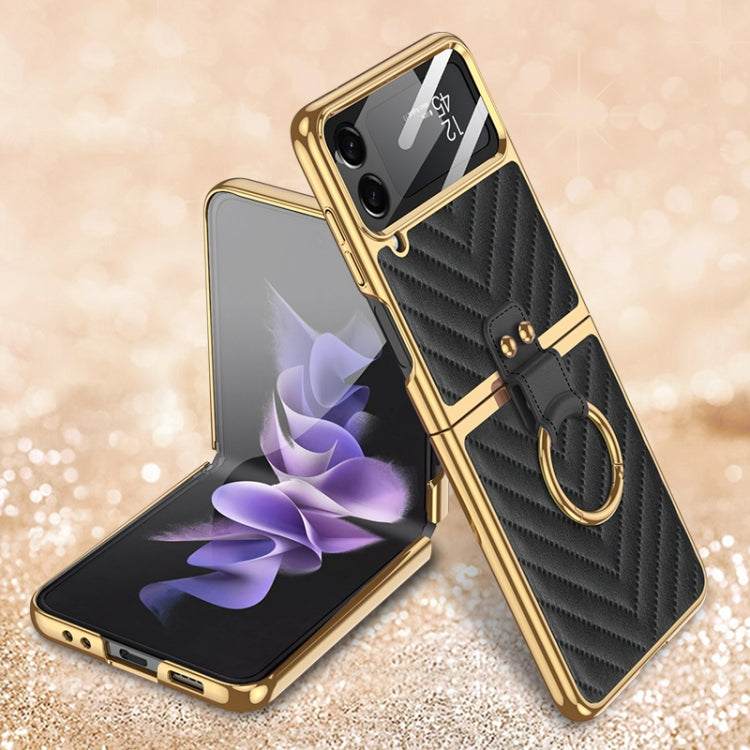For Samsung Galaxy Z Flip3 5G GKK V-shaped Pattern Electroplated Leather Phone Case with Ring Holder