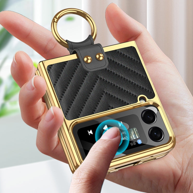 For Samsung Galaxy Z Flip3 5G GKK V-shaped Pattern Electroplated Leather Phone Case with Ring Holder
