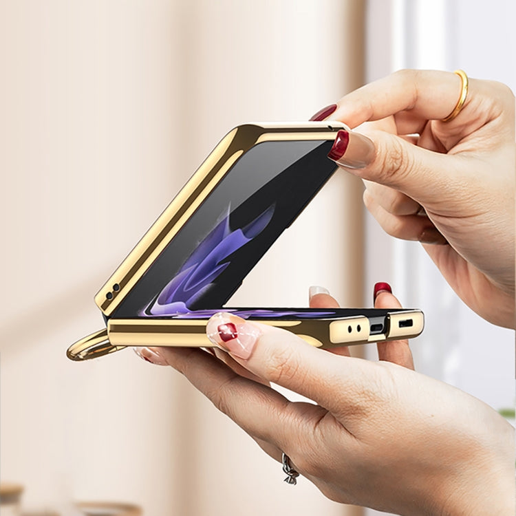 For Samsung Galaxy Z Flip3 5G GKK V-shaped Pattern Electroplated Leather Phone Case with Ring Holder