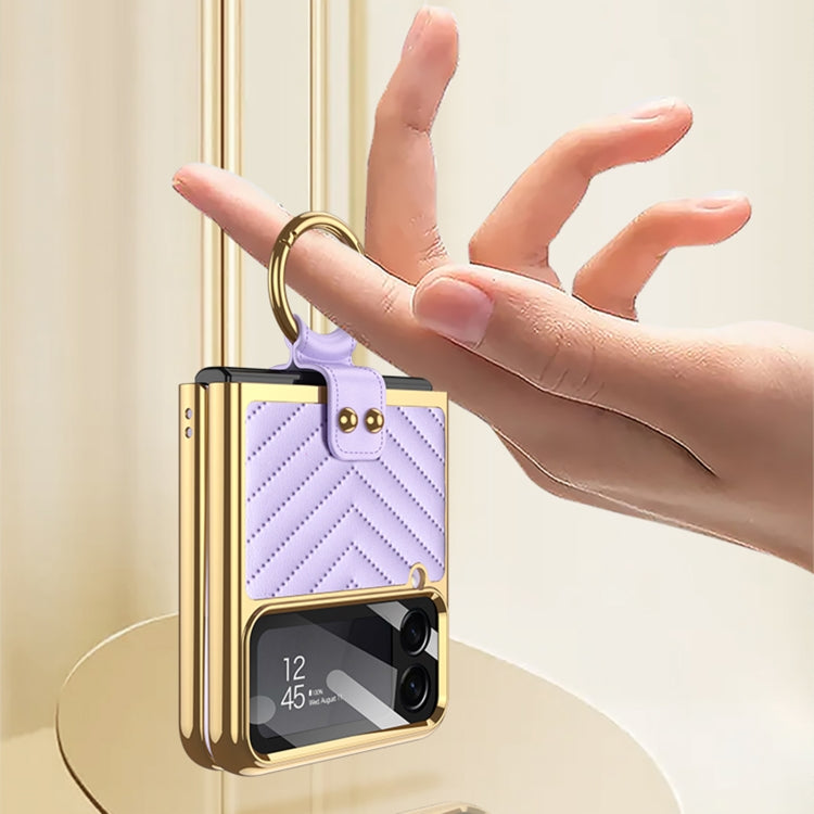 For Samsung Galaxy Z Flip3 5G GKK V-shaped Pattern Electroplated Leather Phone Case with Ring Holder