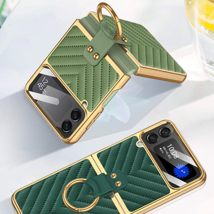 For Samsung Galaxy Z Flip3 5G GKK V-shaped Pattern Electroplated Leather Phone Case with Ring Holder