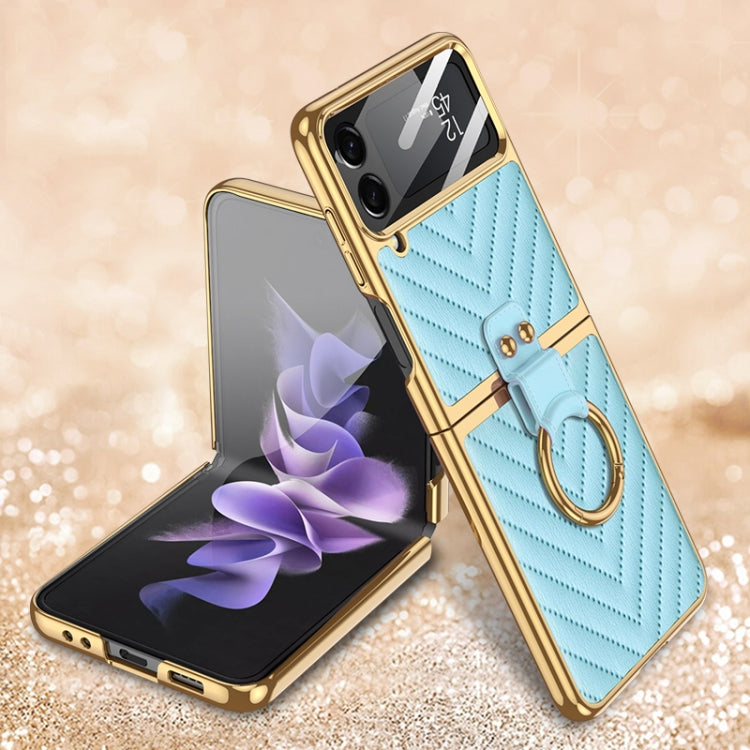 For Samsung Galaxy Z Flip4 GKK V-shaped Pattern Electroplated Leather Phone Case with Ring Holder