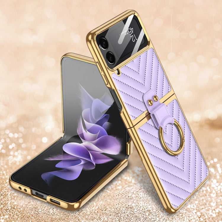 For Samsung Galaxy Z Flip4 GKK V-shaped Pattern Electroplated Leather Phone Case with Ring Holder