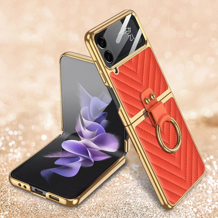 For Samsung Galaxy Z Flip4 GKK V-shaped Pattern Electroplated Leather Phone Case with Ring Holder