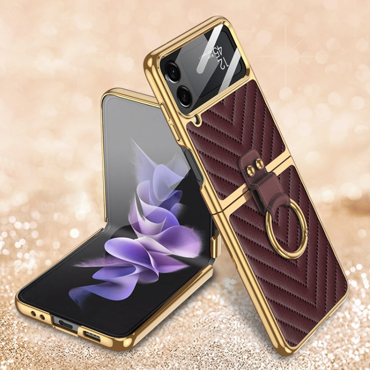 For Samsung Galaxy Z Flip4 GKK V-shaped Pattern Electroplated Leather Phone Case with Ring Holder