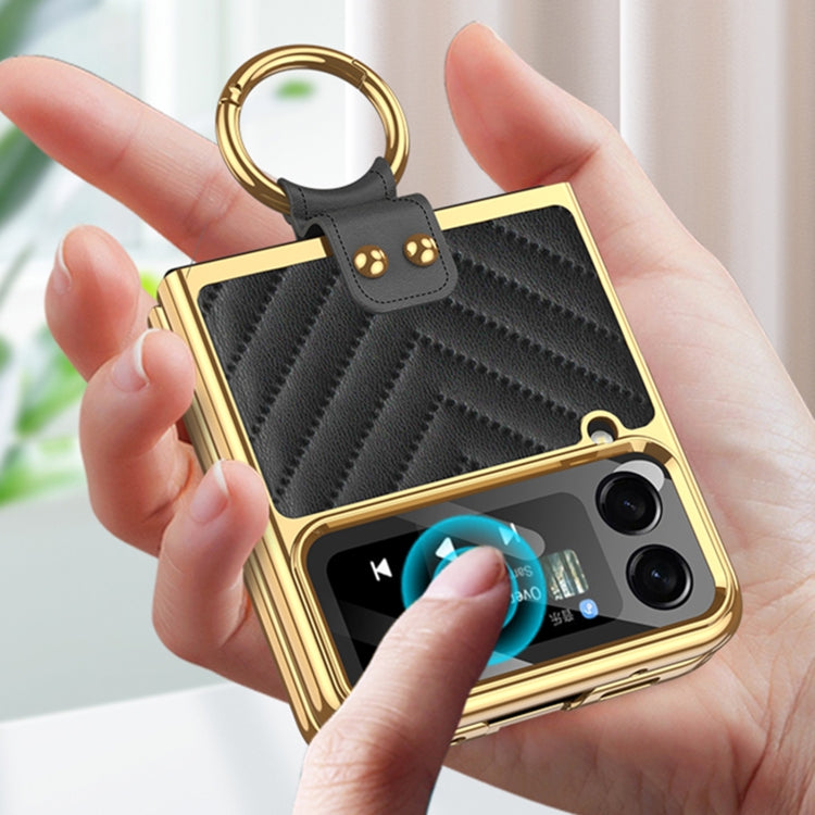 For Samsung Galaxy Z Flip4 GKK V-shaped Pattern Electroplated Leather Phone Case with Ring Holder