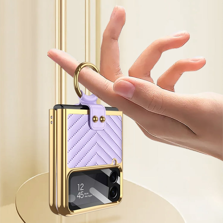 For Samsung Galaxy Z Flip4 GKK V-shaped Pattern Electroplated Leather Phone Case with Ring Holder