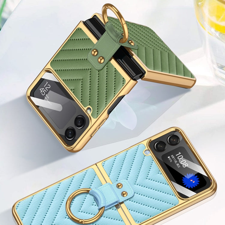 For Samsung Galaxy Z Flip4 GKK V-shaped Pattern Electroplated Leather Phone Case with Ring Holder