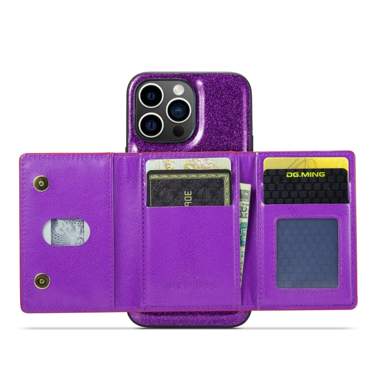 For iPhone 14 Pro Max DG.MING M3 Series Glitter Powder Card Bag Leather Case