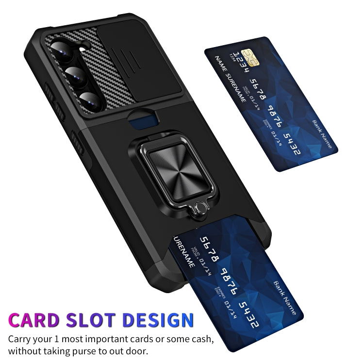 For Samsung Galaxy S23 5G Sliding Camshield Phone Case with Ring Holder & Card Slot