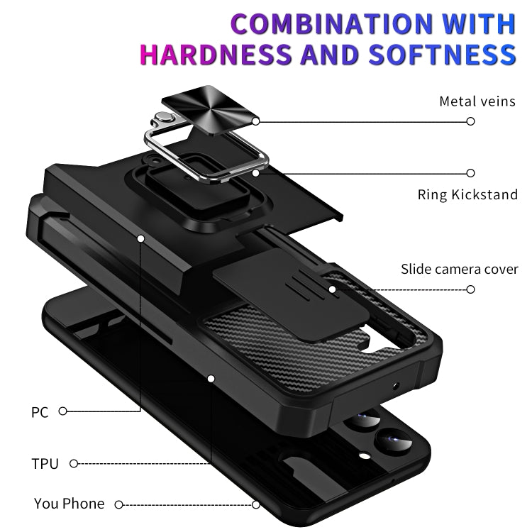 For Samsung Galaxy S23 5G Sliding Camshield Phone Case with Ring Holder & Card Slot