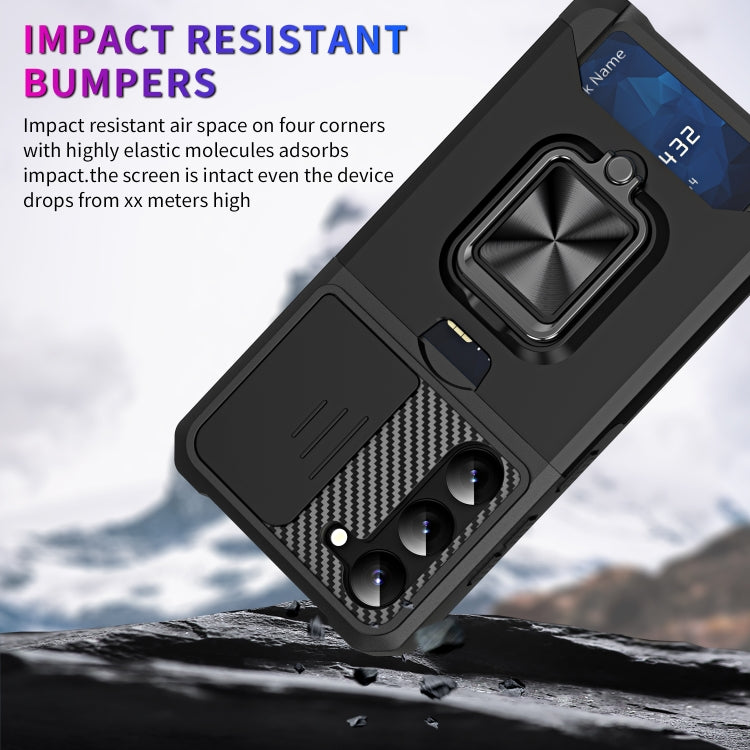 For Samsung Galaxy S23 5G Sliding Camshield Phone Case with Ring Holder & Card Slot