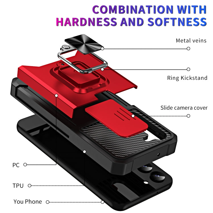 For Samsung Galaxy S23 5G Sliding Camshield Phone Case with Ring Holder & Card Slot