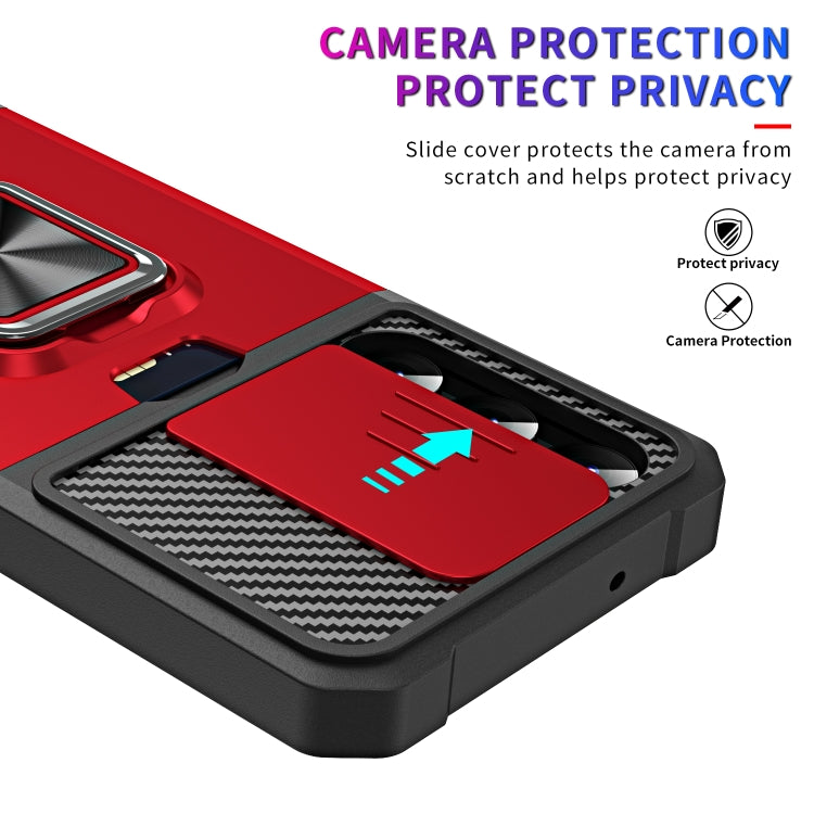 For Samsung Galaxy S23 5G Sliding Camshield Phone Case with Ring Holder & Card Slot