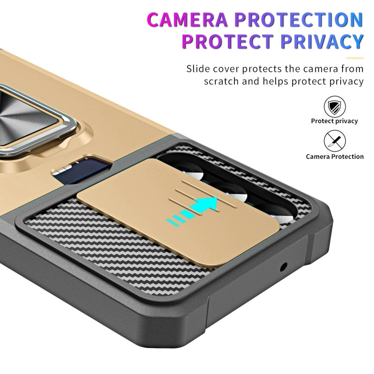 For Samsung Galaxy S23 5G Sliding Camshield Phone Case with Ring Holder & Card Slot