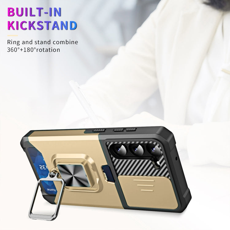 For Samsung Galaxy S23 5G Sliding Camshield Phone Case with Ring Holder & Card Slot
