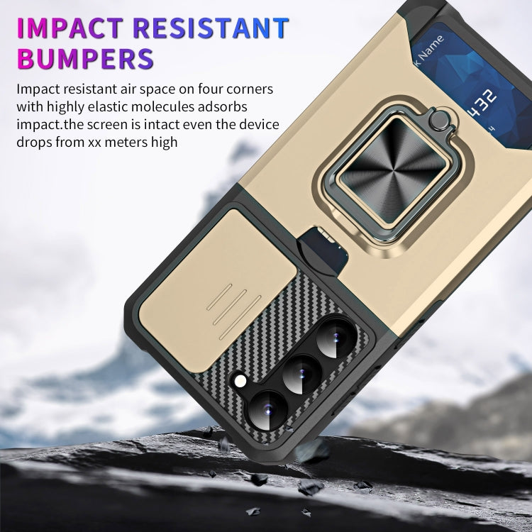 For Samsung Galaxy S23 5G Sliding Camshield Phone Case with Ring Holder & Card Slot