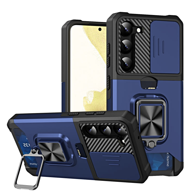 For Samsung Galaxy S23 5G Sliding Camshield Phone Case with Ring Holder & Card Slot