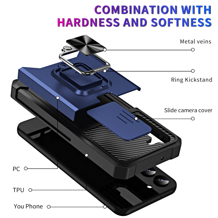 For Samsung Galaxy S23 5G Sliding Camshield Phone Case with Ring Holder & Card Slot