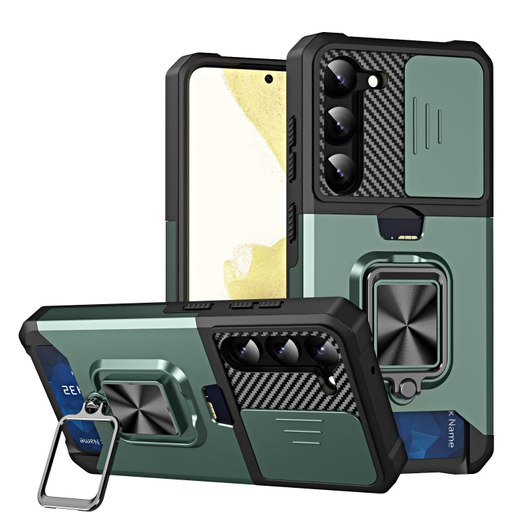 For Samsung Galaxy S23 5G Sliding Camshield Phone Case with Ring Holder & Card Slot