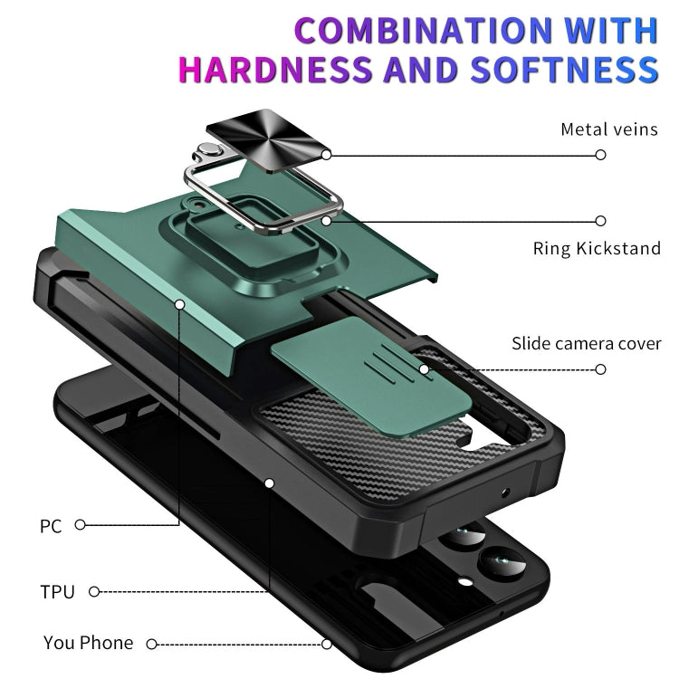 For Samsung Galaxy S23 5G Sliding Camshield Phone Case with Ring Holder & Card Slot