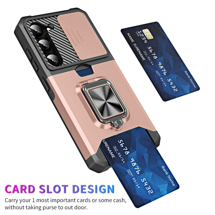 For Samsung Galaxy S23 5G Sliding Camshield Phone Case with Ring Holder & Card Slot