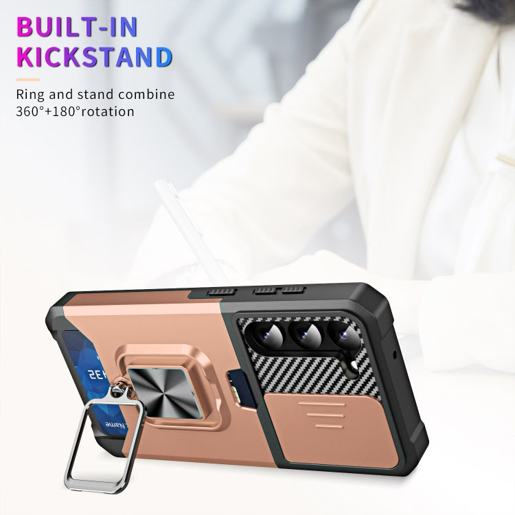 For Samsung Galaxy S23 5G Sliding Camshield Phone Case with Ring Holder & Card Slot