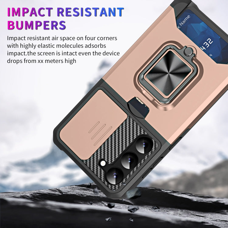 For Samsung Galaxy S23 5G Sliding Camshield Phone Case with Ring Holder & Card Slot