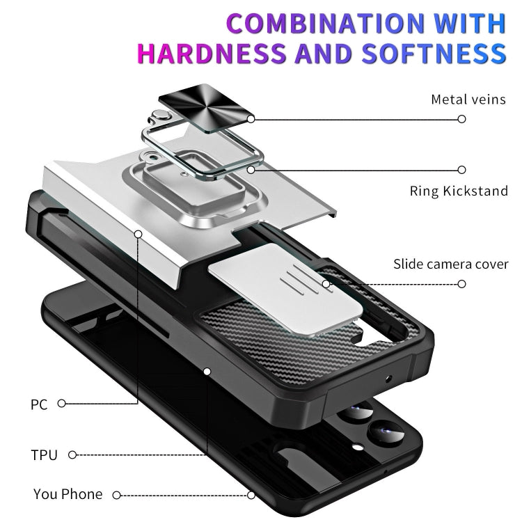 For Samsung Galaxy S23 5G Sliding Camshield Phone Case with Ring Holder & Card Slot