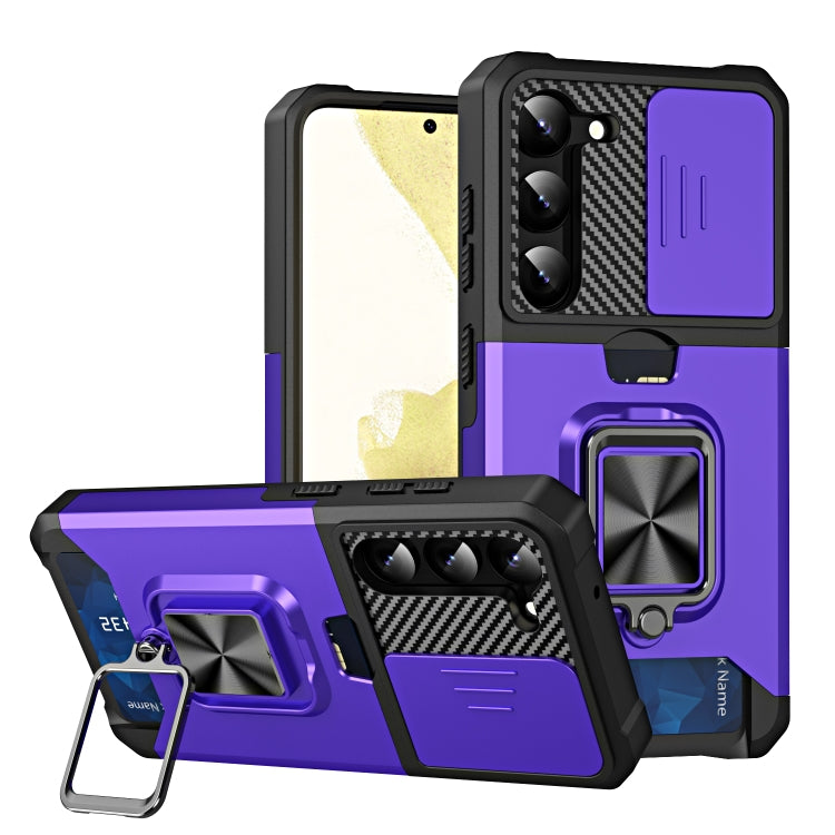 For Samsung Galaxy S23 5G Sliding Camshield Phone Case with Ring Holder & Card Slot