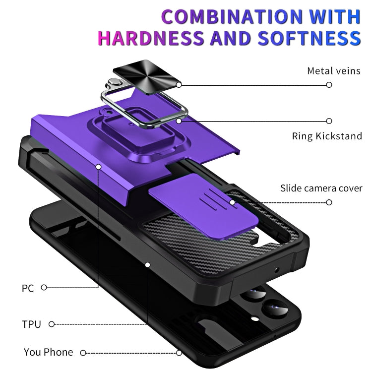For Samsung Galaxy S23 5G Sliding Camshield Phone Case with Ring Holder & Card Slot