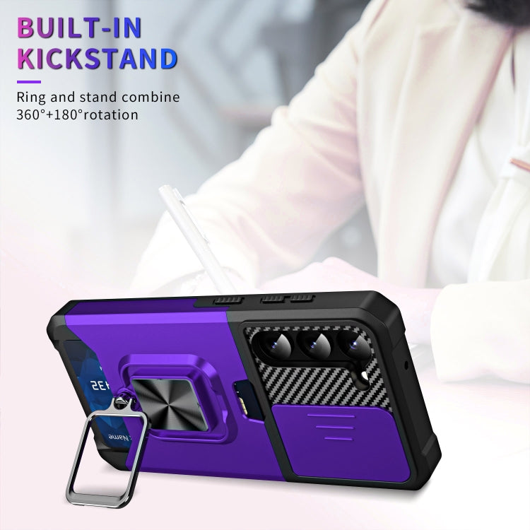 For Samsung Galaxy S23 5G Sliding Camshield Phone Case with Ring Holder & Card Slot