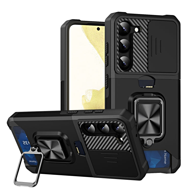 For Samsung Galaxy S23+ 5G Sliding Camshield Phone Case with Ring Holder & Card Slot