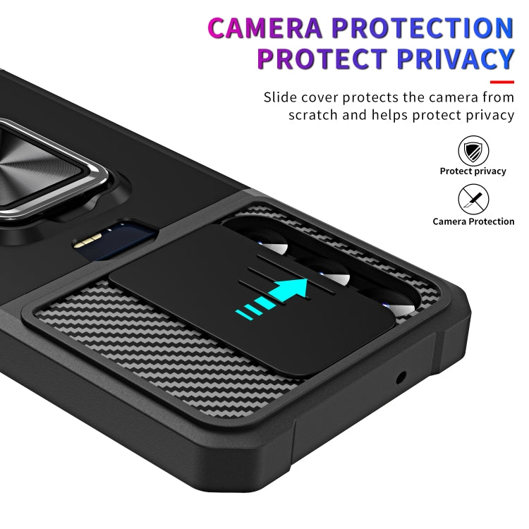 For Samsung Galaxy S23+ 5G Sliding Camshield Phone Case with Ring Holder & Card Slot